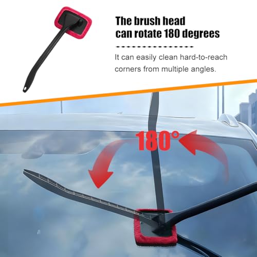 Car Windshield Cleaning Tool, Microfiber Vehicle Window Cleaner with 5 Washable Reusable Cloth Pad & 1 Spray Bottle, Automotive Glass Wiper Cleaning Kit Accessories, Universal Fit (Red) - color: Red