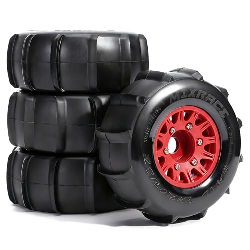 Pre-Glued Sand & Snow Paddle Wheel & Tire Set for 1/10 RC Truck Fits Slash, Arrma Fury/Senton, Tekno SCT410, HSP 94155, 117 x 45.5 mm, 12/14/17 mm Hex, 4 pcs, Red - color: Red