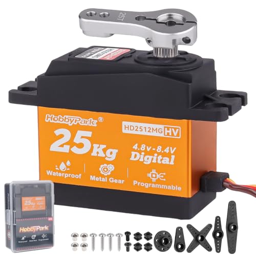 HobbyPark 25KG High Torque RC Servo Waterproof Full Metal Gears Steering Servo for 1/8, 1/10, 1/12 RC Cars Trucks Crawlers Robotic with 25T Servo Horn 180° Degree Programmable 8.4V HV (25kg Torque)