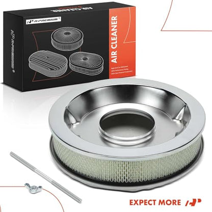 A-Premium Universal Air Cleaner Filter Assembly | 14" x 3", Round Polished Air Cleaner, with Recessed Style Base