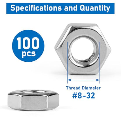 Hex Nuts, 100 Pack #8-32 304 (A2-70) Stainless Steel Hardware Nuts,Standard Inch Coarse Thread Nuts - color: Silver, size: #8-32