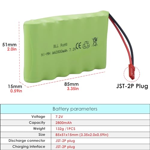 2PCS AA 7.2V 2800mAh Ni-MH Battery with JST-2P Plug and USB Charging Cable Suitable for The New Version TR-211 TR-212 TR-215 550 RC Excavator, Truck, Engineering Vehicle RC Toy