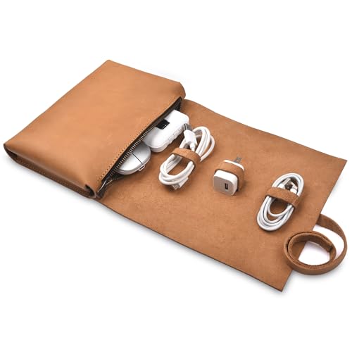 Leather Tech Pouch for Cables Chargers Phone | Tech Bag | Zipper Travel Accessory Pouch | Electronic Organizer Case Travel Bag (Tan) - color: Tan