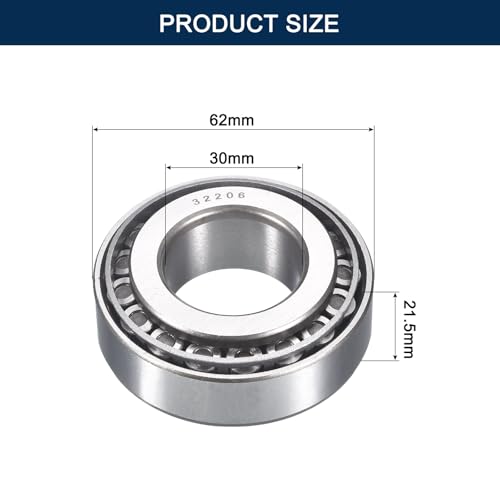 2 Pack 32206 Tapered Roller Bearing Cone and Cup Set | 30mm Bore 62mm OD 21.5mm Cup Width, Chrome Steel Taper Bearings Set, ABEC-3 - size: 32206
