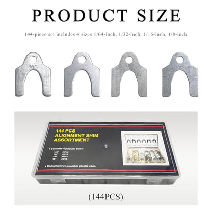 Sun Walker 144 PCS Car Alignment Body Shim, 1/64" 1/32" 1/16" 1/8" Adjusting Parts Camber Shims with Storage Box, Universal Zinc Plated Auto Body Alignment Spacers Assortment Set