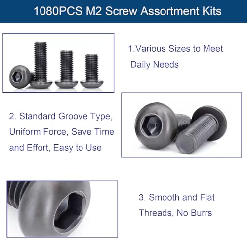 1080PCS M2 Screw Assortment Kit, M2x4/6/8/10/12/16/20/25mm M2 Screw Kits | 10.9 Grade Alloy Steel Metric Hex Button Head Cap Screws, Nuts and Flat Washers for 3D Printing (1080PCS - M2) - size: M2