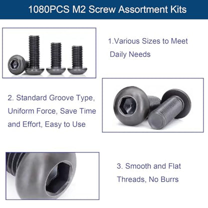 1080PCS M2 Screw Assortment Kit, M2x4/6/8/10/12/16/20/25mm M2 Screw Kits | 10.9 Grade Alloy Steel Metric Hex Button Head Cap Screws, Nuts and Flat Washers for 3D Printing (1080PCS - M2) - size: M2