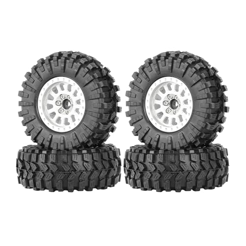 4PCS 1.3" Aluminum Alloy Beadlock Wheel Rims All-Terrain Tyre 70mm Rubber Tires Set with 5mm & 7mm Hex for 1/12 1/14 1/18 1/24 RC Rock Crawler Car Upgrade Parts (C-Silver) - color: C-silver