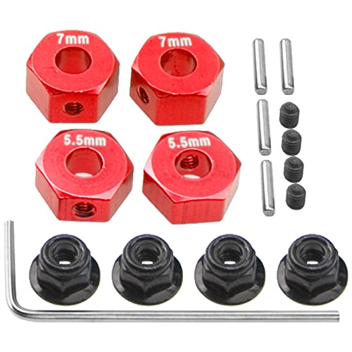 ShareGoo Aluminum 12mm Hex Wheel Hubs Hex Adapter & Flanged Lock Nuts Compatible with Traxxas 2WD Slash Rustler Stampede 1/10 RC Car (Red) - color: Red