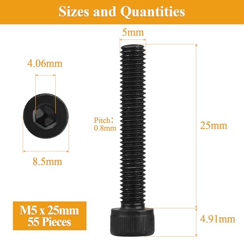 55 Pieces M5 x 25mm Socket Head Cap Screws, Thread Pitch 0.8mm, Sutemribor M5 Black Screws, 12.9 Grade Alloy Steel, Black Oxide Finish, Fully Threaded - size: M5 x 25mm, style: Socket Head