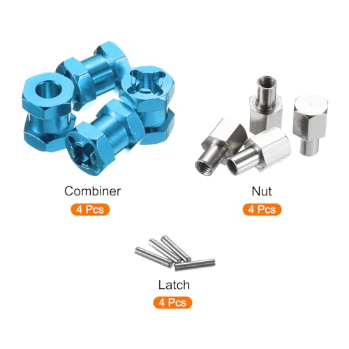 MECCANIXITY 4pcs 12mm Wheel Hex Drive Hubs Adapter Combiner Coupler, Aluminum 15mm Extension with Nut Latch for 1/10 RC Crawler Car Parts, Blue