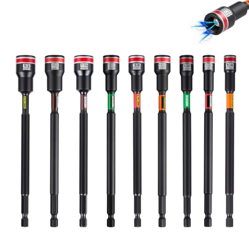 Impact Nut Driver Set, 9 Pieces 6 Inch Long 1/4 to 1/2 Magnetic SAE Nut Setter Set, 6 Point Alloy Steel Use 1/4” Hex Shank Impact Driver Stored in Portable Storage Cases for Repair - size: 6", style: 6"-S