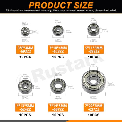 60Pcs 6 Sizes Carbon Steel Ball Bearing Deep Groove Ball Bearing Double Shielded Bearings Deep Groove Bearings for Furniture Wheels Skateboards Scooters