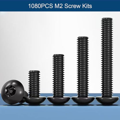 1080PCS M2 Screw Assortment Kit, M2x4/6/8/10/12/16/20/25mm M2 Screw Kits | 10.9 Grade Alloy Steel Metric Hex Button Head Cap Screws, Nuts and Flat Washers for 3D Printing (1080PCS - M2) - size: M2