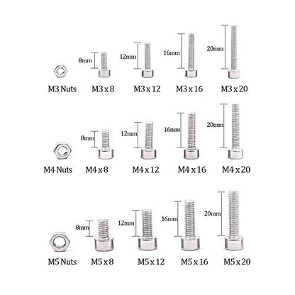 Glarks 510Pcs M3 M4 M5 304 Stainless Steel Hex Socket Head Cap Screws with Nuts Assortment Kit - size: Hex Socket Head Cap Screws Set