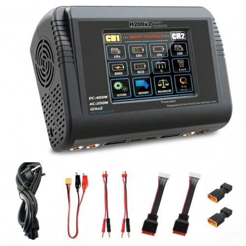 H200X2 Dual Lipo Battery Charger Touch Screen AC 200W / DC 400W 12A Smart Balance Charger for 1-6S LiPo Li-ion Life HV & 1-15S NiMH NiCd RC Car Drone Airplane Boat