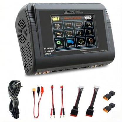 H200X2 Dual Lipo Battery Charger Touch Screen AC 200W / DC 400W 12A Smart Balance Charger for 1-6S LiPo Li-ion Life HV & 1-15S NiMH NiCd RC Car Drone Airplane Boat