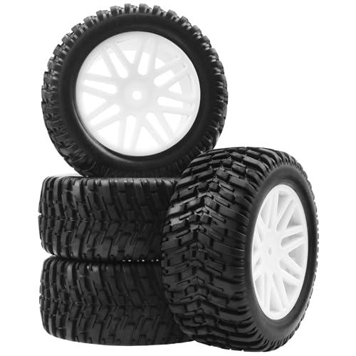 OD 96mm RC Off Road Short Course Truck Tire w/Plastic Rim 12mm Hex Compatible with 1/10 Scale Buggy Car HSP 94170 94155 Wltoys 1/14 144001 124019 RC Car (White) - color: White