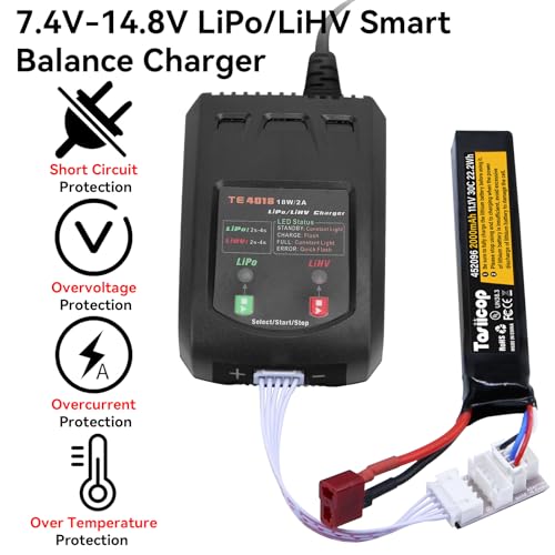 LiPo Battery Charger - 2S 3S 4S RC Car Batteries Balance Chargers 18W 2A for LiPo(7.4-14.8V) LiHV(8.7-17.4V) with XH3P XH4P XH5P Plug for RC Battery Boat Airplane Truck Quadcopter Airsoft