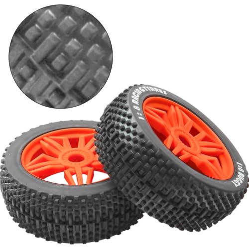 ShareGoo OD 4.52" 1/8 RC Buggy Rubber Tires Tyre w/ 5 Spoke Plastic Rim 17mm Hex Compatible with Arrma Kyosho Exceed RC Traxxas Redcat HSP HPI 1/8 Scale Off Road Car Buggy (Red) - color: Red