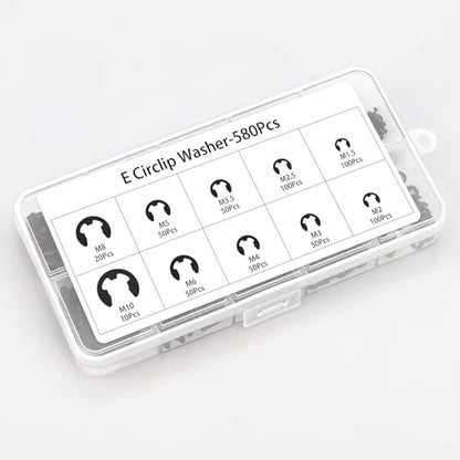 580Pcs Black Alloy Steel E-Clip Assortment Kit, Retaining Rings M1.5-M10 | 10 Metric Sizes: M1.5, M2, M2.5, M3, M3.5, M4, M5, M6, M8, M10, For Bearings Gears Pulleys Axles, Organized Storage Box