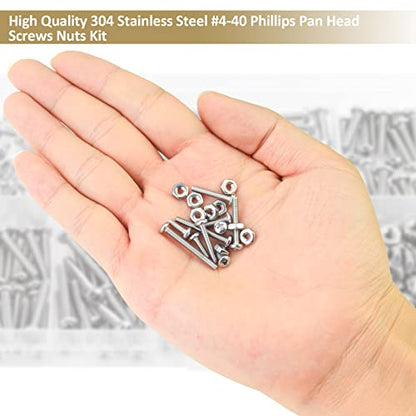242 Pieces #4-40x 3/16", 1/4", 5/16", 3/8", 1/2", 5/8", 3/4", 7/8", 1", Phillips Pan Head Machine Screws Nuts Assortment Kit, 304 Stainless Steel, Fully Machine Thread - size: #4-40