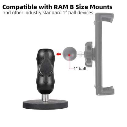 66mm Diameter Round Heavy-Duty Magnetic Base Mount for RAM Mounts | 66 lb Magnetic Force, 1" Rubber Ball & Short Aluminum Alloy Double Socket Arm, Universal 1-inch ball mounting system