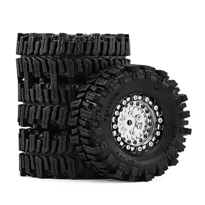1.3" Beadlock Wheels and Tires for SCX24 TRX4M 1/18 1/24 RC Crawler – Aluminum CNC Rims, Rubber Tires with Foam Inserts, Upgrade Parts (Silver)