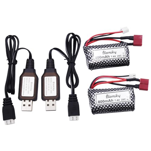 Blomiky 2 Pack 7.4V 800mAh 2S Li-ion 15C Battery with T Plug and USB Cable Compatible with BEZGAR 5 HM162 HM161 and 9145 1:20 Remote Control Truck RC Cars HBX X03 RC Boat / 9135 Pro Battery T 2