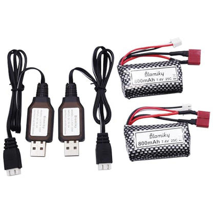 Blomiky 2 Pack 7.4V 800mAh 2S Li-ion 15C Battery with T Plug and USB Cable Compatible with BEZGAR 5 HM162 HM161 and 9145 1:20 Remote Control Truck RC Cars HBX X03 RC Boat / 9135 Pro Battery T 2