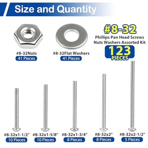 #8-32 x 1-1/2" to 2-1/2" Long Pan Head Machine Screws Kit for Outlet Box | 123Pcs with Nut Washer, 304 Stainless Steel UNC Fully Threaded Phillips Drive, for Wall Plate, Appliance and Furniture Repair - size: #8-32(Long Screws Kit）