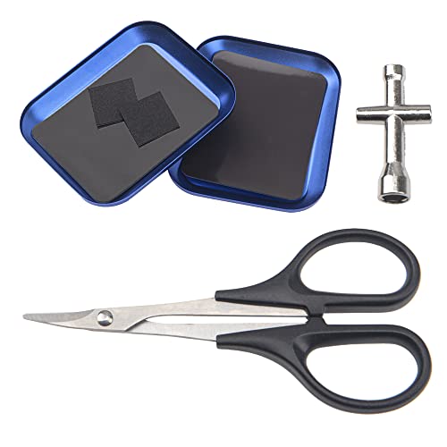 0-14mm Aluminum Alloy Expanding Hole Puncher Opener Reamer Tools with Protective Sleeve & 2Pcs Aluminium Screw Tray with Magnetic Pad & 1Pcs RC Curved Body Trimming Scissors & 1Pcs Wheel Hub Cross