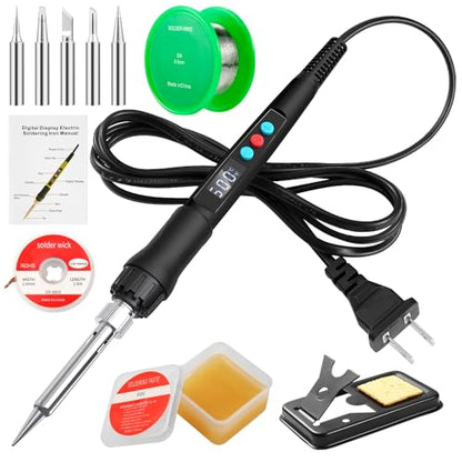 Soldering Iron Kit, 100W LED Digital Solder Gun kits with Ceramic Heater, Adjustable Temperature Welding Tools with Tips, Wick Braid, Stand, Solders Wire, Sponge, Flux Paste, Black - color: Black