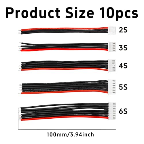 10PCS JST-XH 2S-6S Balance Extension Cable, 3.9" 22AWG Silicone Lead Wire for LiPo Battery Charger, RC Balance Plug Connector Adapter 2S 3S 4S 5S 6S(2pcs Each) - size: 2S-6S