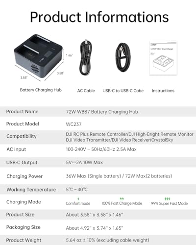 Replacement DJI WB37 Battery Charging Hub 72W USB-C Fast Charger Power Adapter for DJI WB37 Intelligent Battery, with Fast Charging/Discharging/Comfort Mode (Parallel Charge 2 Batteries: 80 min)