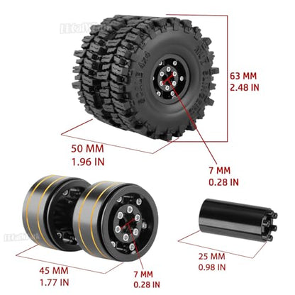 Brass 1.0 Beadlock Wheel and Tires with Adjustable Offset for 1/18 Trx4m,1/24 SCX24 RC Crawler Car,RC Brass 1.0" Dually Beadlock Rims Wheels,RC Truck Tires,4pcs
