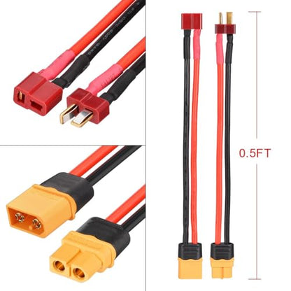 ELFCULB T Plug to XT60 Male Female Adapter 12AWG 2Pairs T Plug Female to XT60 Male and T Plug Male to XT60 Female Connector for RC Lipo Battery Drone(6Inches) | Connector adapter cable with stranded tinned copper wire for RC models, FPV drones, and custom