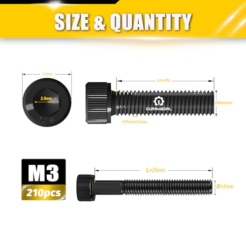 M3 x 25mm Screws 210pcs, Hex Socket Head Cap Screws Bolts,M3 x 25 Bolts 12.9 Grade Alloy Steel, Black Zinc Plated, Allen Socket Drive, Half-Threads, Machine Screws - size: M3*25mm 210pcs