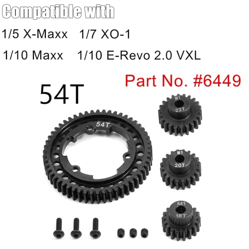 Hardened Steel 54T 1 Mod Spur Gear with 18T 20T 22T Motor Pinion Gear for 1/5 X-Maxx 1/7 XO-1 1/10 Maxx/E-Revo 2.0 VXL Upgrade Part, Replace of #6449 - size: 54T