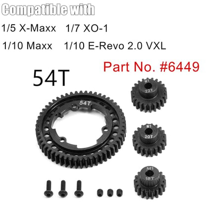 Hardened Steel 54T 1 Mod Spur Gear with 18T 20T 22T Motor Pinion Gear for 1/5 X-Maxx 1/7 XO-1 1/10 Maxx/E-Revo 2.0 VXL Upgrade Part, Replace of #6449 - size: 54T