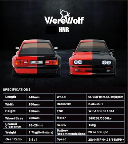 HNR Werewolf 1/10 Scale 4WD Brushless RC Race and Drift Car, 60A ESC, 3300KV Motor, 2.4G Remote, LED Lights, Racing and Drift Tires (red) - color: Red