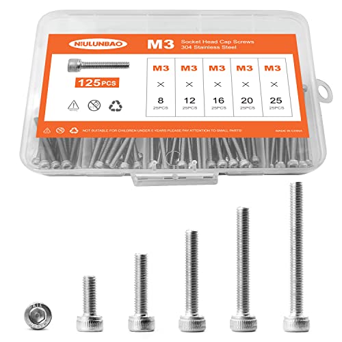 M3 x 8mm 12mm 16mm 20mm 25mm Hex Socket Head Cap Screws Bolts, 304 Stainless Steel, Metric Machine Fully Threaded, Bright Finish, Allen Hex Drive, Assortment Kit 125PCS - size: M3 x 8/12/16/20/25mm (125PCS)