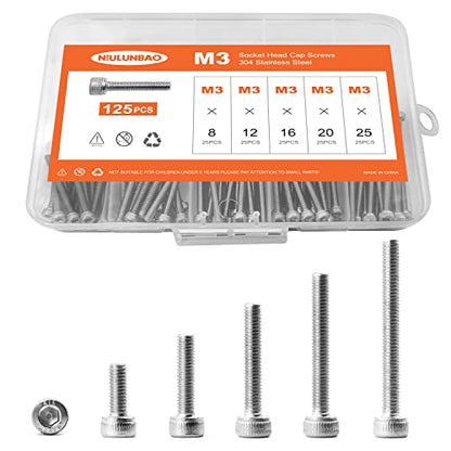 M3 x 8mm 12mm 16mm 20mm 25mm Hex Socket Head Cap Screws Bolts, 304 Stainless Steel, Metric Machine Fully Threaded, Bright Finish, Allen Hex Drive, Assortment Kit 125PCS - size: M3 x 8/12/16/20/25mm (125PCS)