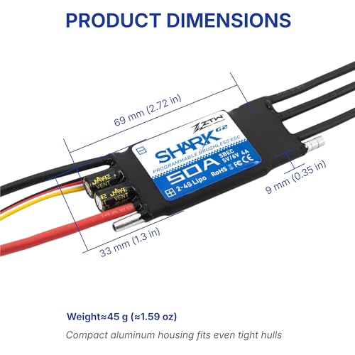 ZTW Shark G2 50A ESC 2-4S Built-in Swithcing BEC 5V/6V 4A Water-Cooling Bidirectional Waterproof Brushless Speed Controller for RC Boat Marine - size: 50A