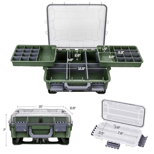 RUNCL Universal Fishing Tackle Box with Two Small Tackle Tray, Removal Inside Design Waterproof Trunk Storage Box, Thicker Floating Airtight Stowaway, Xmas Surprise Fishing Gifts for Men Women - color: Green