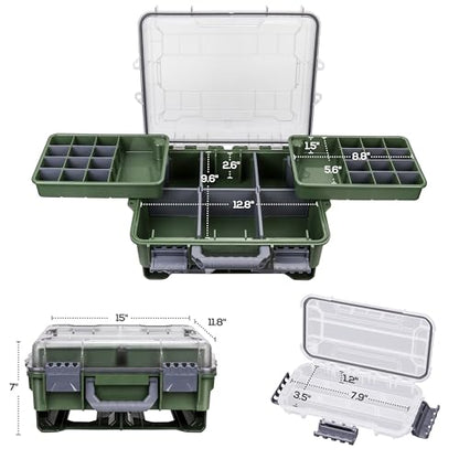 RUNCL Universal Fishing Tackle Box with Two Small Tackle Tray, Removal Inside Design Waterproof Trunk Storage Box, Thicker Floating Airtight Stowaway, Xmas Surprise Fishing Gifts for Men Women - color: Green