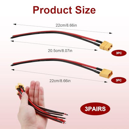XT60 Connector Plug Cable with Plug and Socket Pigtail Leads (6 Pcs) | XT 60 Connector Adapter with 12AWG 100 mm Ultra‑Flexible Silicone Wire, Suitable for RC LiPo Battery Drone, Car, Boat - color: 12 Awg