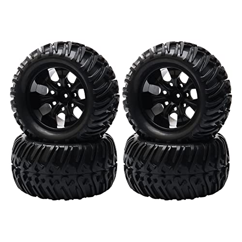 1/10 Monster Truck Tires & Wheels, Black, 4PCs Unmounted Set | 5" 128mm Off-Road RC Tires, 12mm Hex 7-Spoke Rims, Compatible with Traxxas Stampede, Compatible with Arrma Granite - color: Black