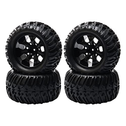 1/10 Monster Truck Tires & Wheels, Black, 4PCs Unmounted Set | 5" 128mm Off-Road RC Tires, 12mm Hex 7-Spoke Rims, Compatible with Traxxas Stampede, Compatible with Arrma Granite - color: Black