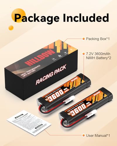 Hilldow 7.2V NiMH RC Battery 3600mAh High Power Car Battery with TMY Connector for RC Car Truck Truggy Hobby Models(2 Packs)